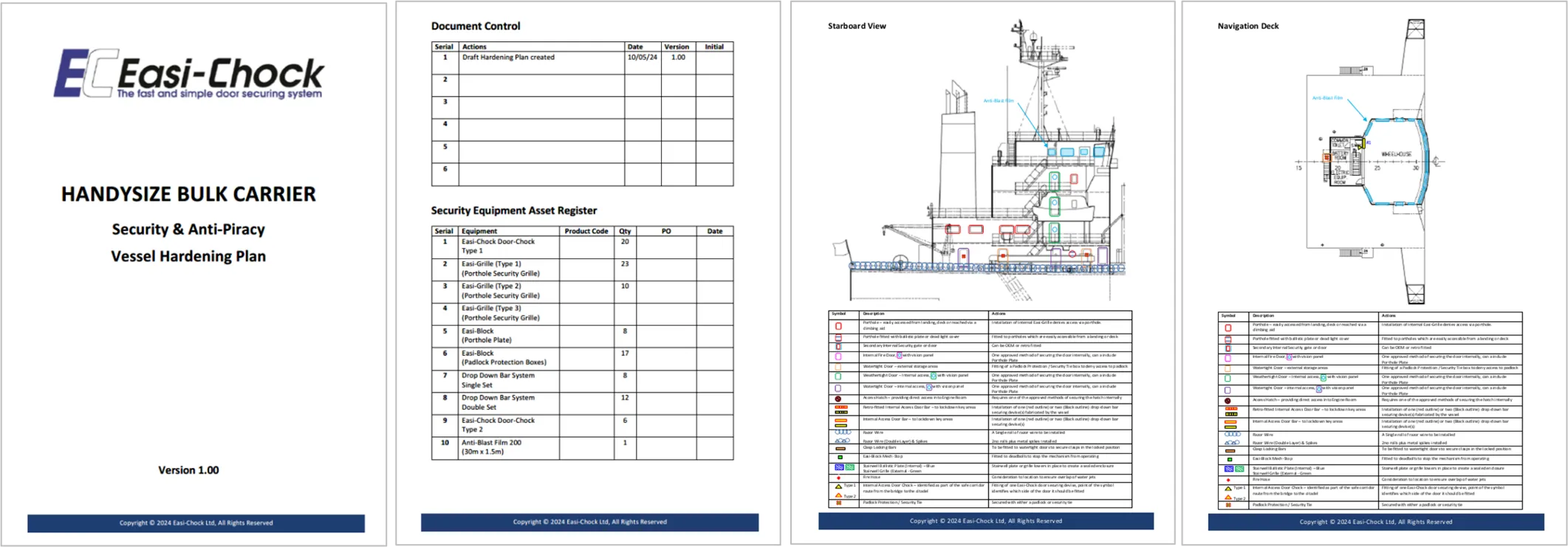 VHP document pages — title page, document control, starboard profile, and navigation deck plan
